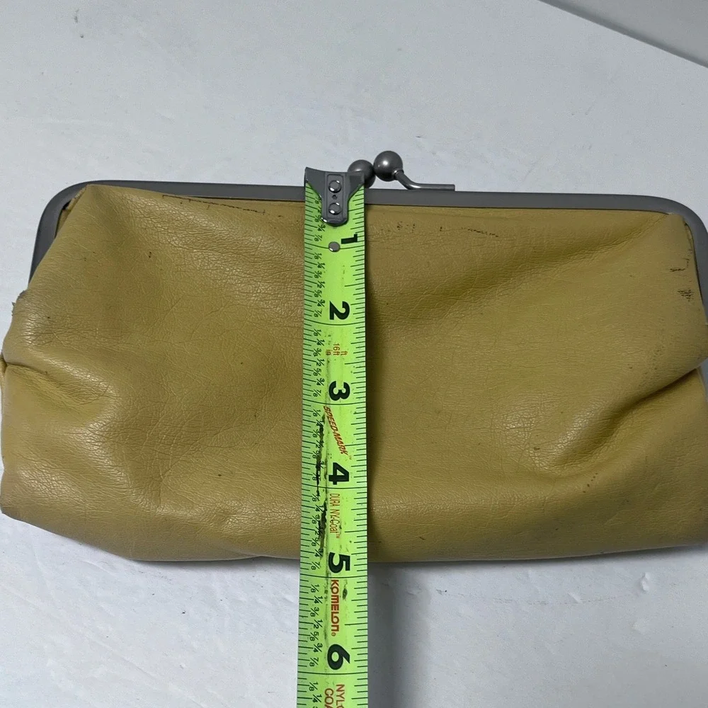 Vtg‎ Y2k Mustard Yellow Leather Double Kiss Lock Frame Clutch Wallet Organizer